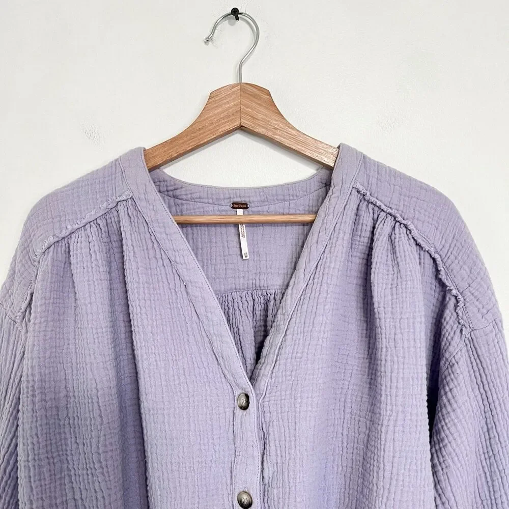 Free People Rising Sun Textured Relaxed Gauze Button Front Blouse XS Lavender